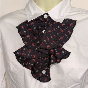 Vintage Black Paisley Polyester Ruffle Scarf That Buttons to Front of a Shirt